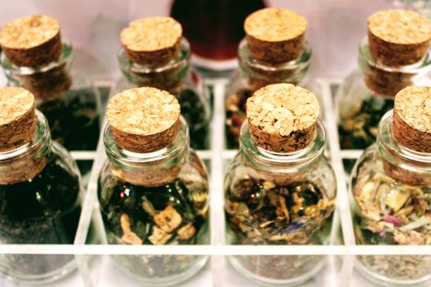 Batch steeped herbal tea stored in glass bottles